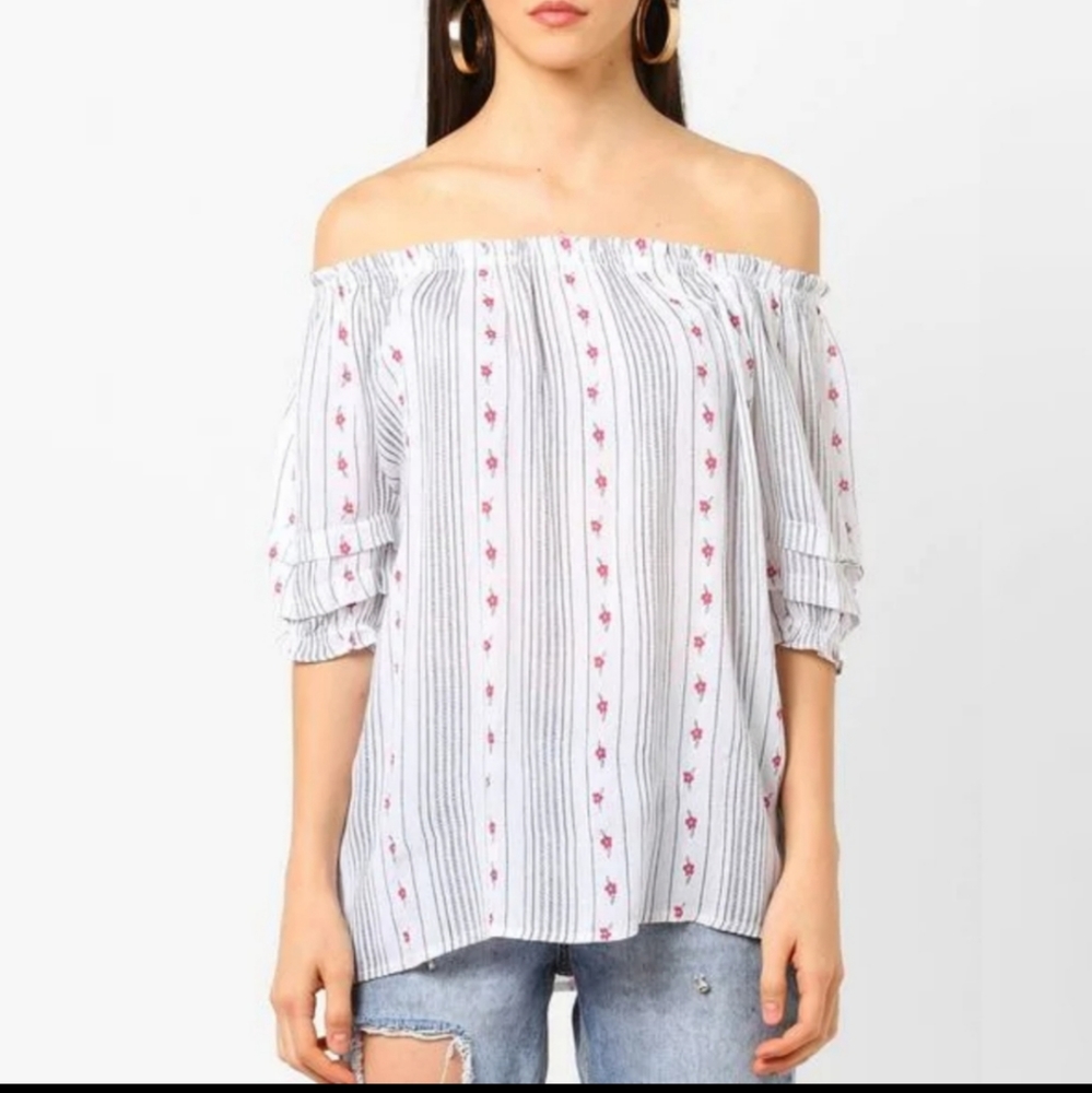 Striped Off-Shoulder Top with Tiered Sleeves